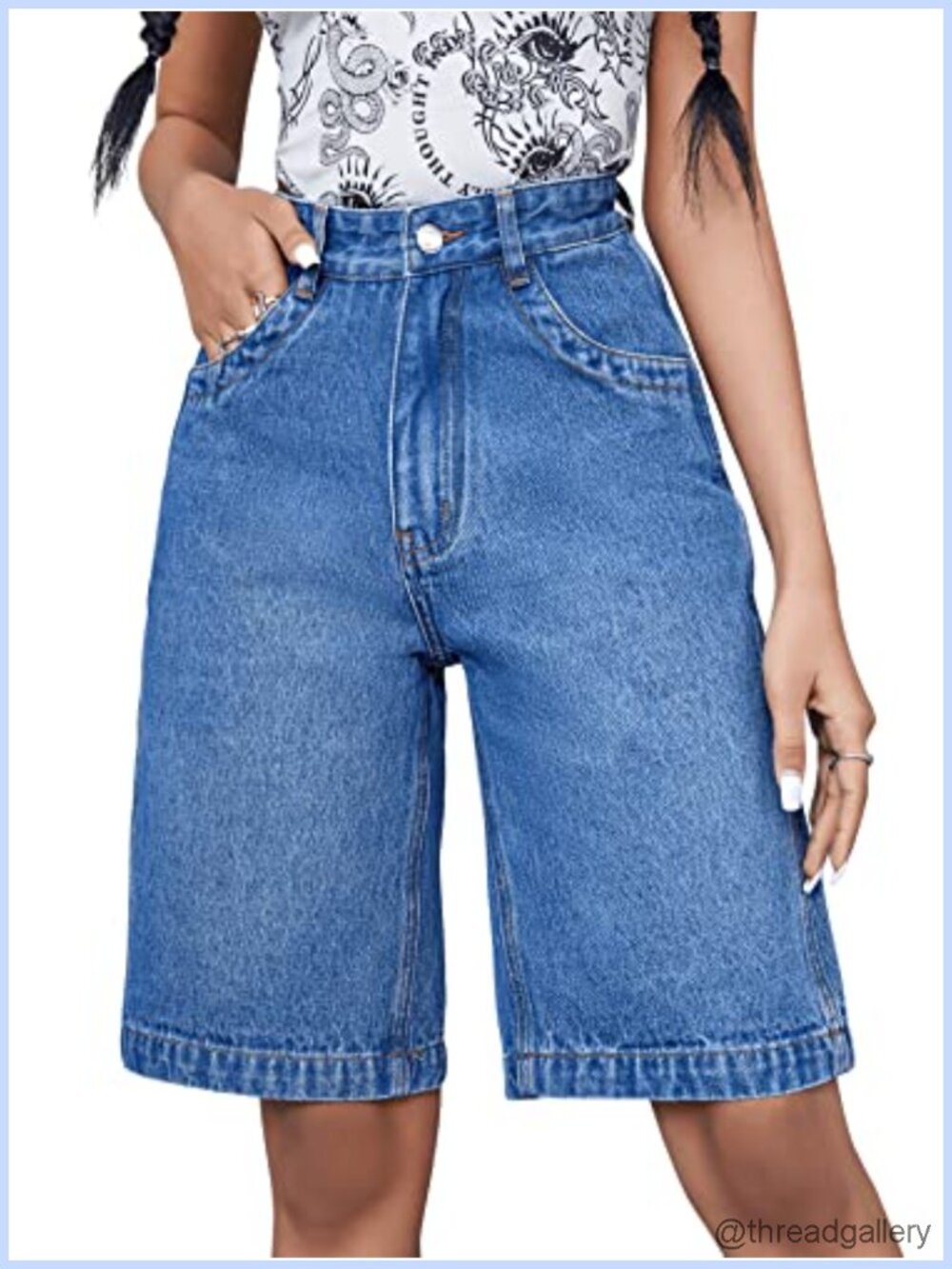 High Rise Straight Leg Jean Shorts Zip Up Bermuda Denim